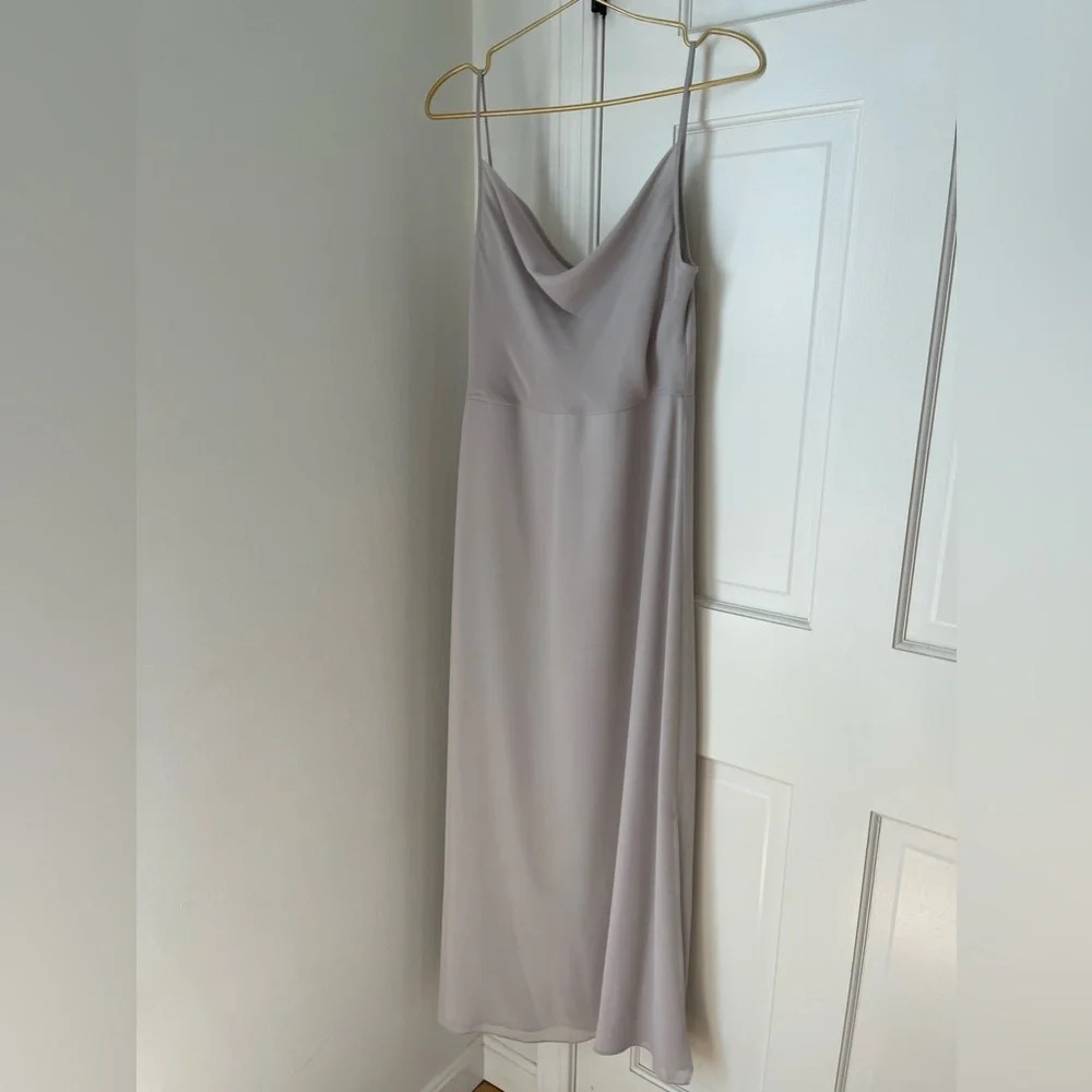 Joanna August Kimi Long Bridesmaid Dress cowl neck Rolling Stone Gray